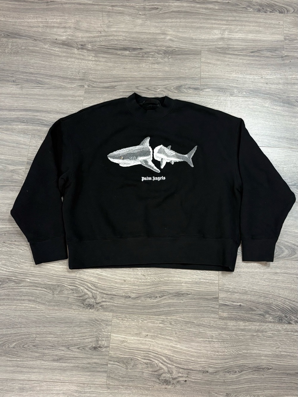 Palm Angels Black Crewneck with Gray Shark Motif